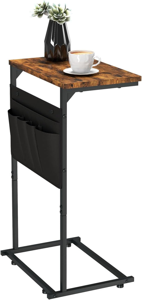 ZER-007Br C Shaped End Table, Small Side Table with Storage Bag for Couch, Sofa Table with Metal Frame for Living Room