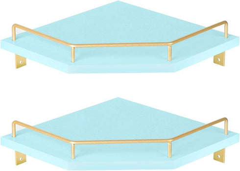 Tirzah Blue Wall Mount Corner Shelf with Gold Metal Guardrail, 2-Tier 9.5-inch