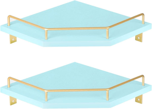 Tirzah Blue Wall Mount Corner Shelf with Gold Metal Guardrail, 2-Tier 9.5-inch