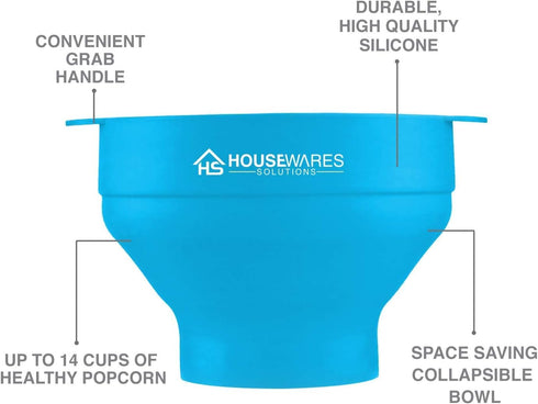 Collapsible Silicone Microwave Hot Air Popcorn Popper Bowl with Lid and Handles - Aqua