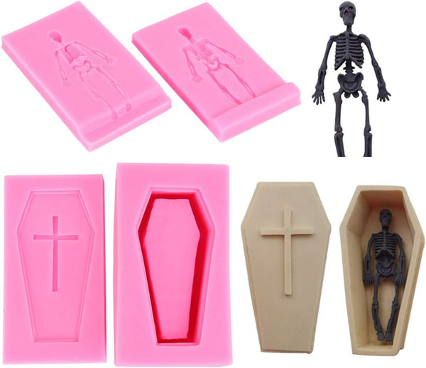 4Pcs/Set 3D Coffin with Cross & Skull Skeleton Fondant Molds, Halloween Theme Silicone Decorating Tools