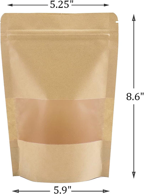 Kingrol 150 Count 5.9 x 8.6 Inch Kraft Paper Bags with Resealable Lock Seal Zipper &Transparent Window, Stand Up Food Bags by Kingrol
