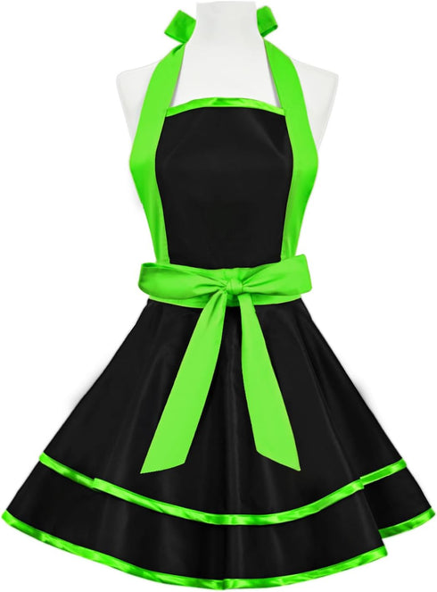 Cute Lovely Retro Aprons for Women, Vintage 50s Black Green Cooking Kitchen Ruffle Apron for Housewife Gift