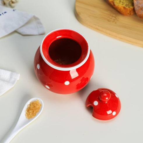 123Arts Ceramics Dot Sugar Salt Pepper Storage Jar - Seasoning Pot with Lid and Spoon