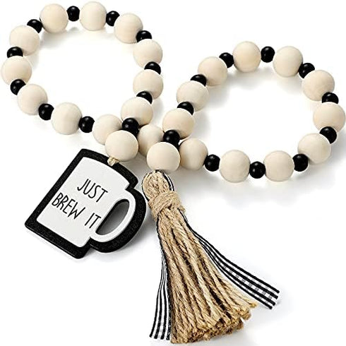 Jetec Coffee Bar Decor, Wood Bead Garland with Tassel for Coffee Bar Try Decor Accessories