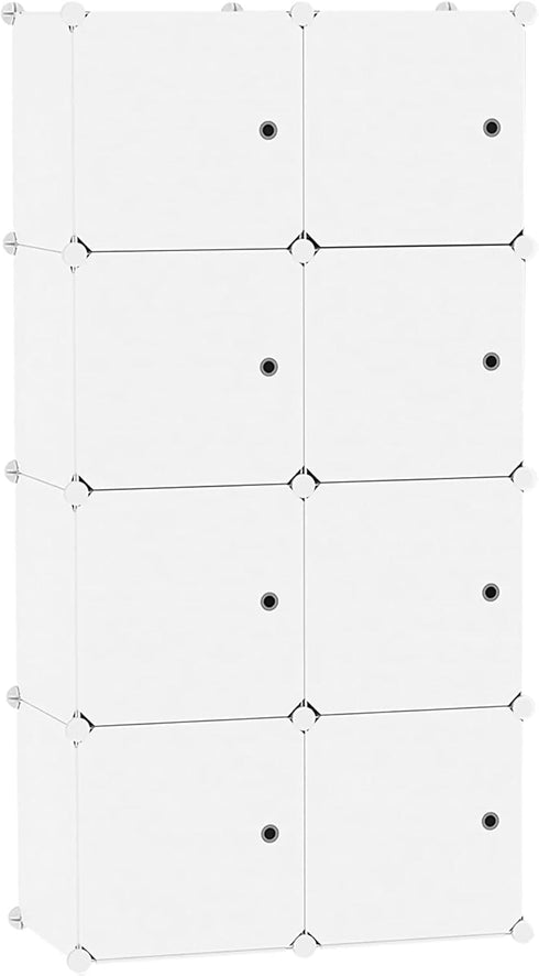 C&AHOME 8-Cube Storage Organizer with Doors, DIY Plastic Modular Bookshelf, 24.8" L × 12.4" W × 48.4" H, Milky