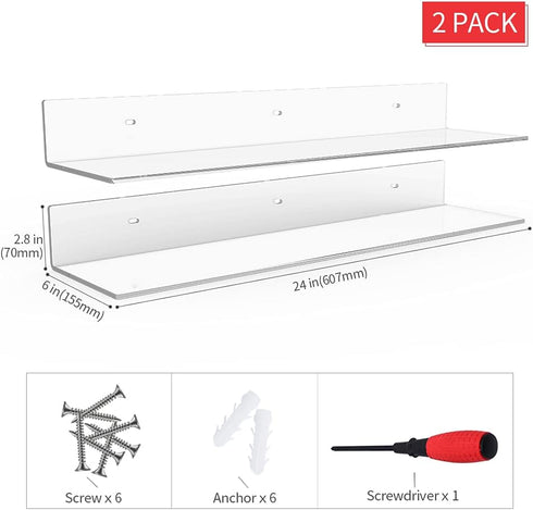 24 Inches 2 Pack (24 Inch) Sezanrpt Clear Floating Shelves for Wall, Acrylic Long Wall Shelf, Wall Mounted Shelves