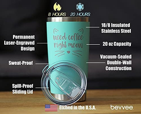 Bevvee Need Coffee Right Meow - Insulated Coffee Tumbler Cup with Sliding Lid, Stainless Steel Mug - Cat Themed Gifts -