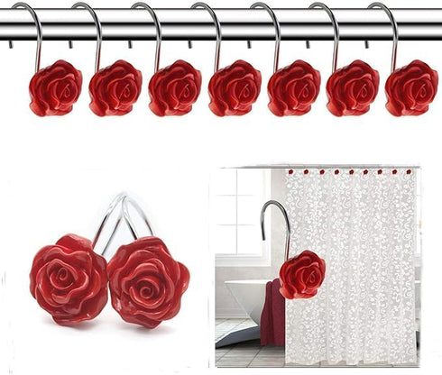 12 PCS Decorative Anti Rust Shower Curtain Hooks, Rose Design Shower Curtain Rings (RED)