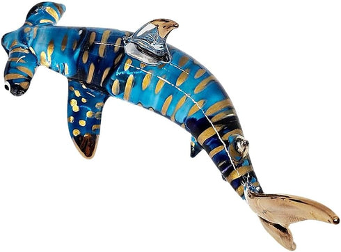 Tiny 3?" Gold Dotted Blue Hammerhead Shark Figurine, Miniature Hand Blown Glass Collectible