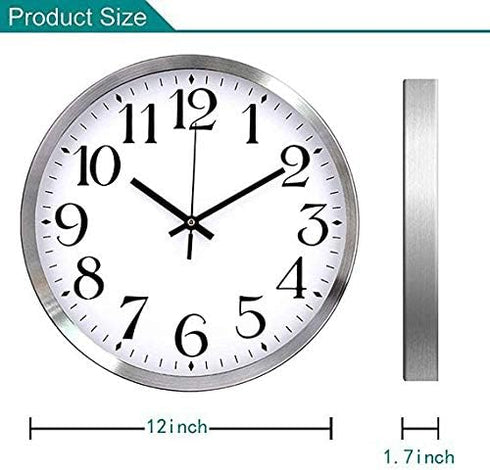 TopOne Silent Wall Clock, Battery Operated 12 inch Silver Aluminum Quartz Decor for Kitchen, Home, School