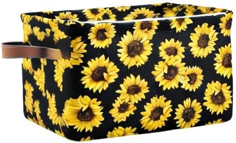 senya Large Foldable Storage Basket, Black Fabric Organizer Bag with Sunflowers and Handles 15 x 11 x 9.5 inch