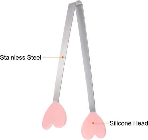 Mini Food Tongs 5.3" Heart Shape Stainless Steel with Silicone Tips, Small Cooking Tongs for Grilling and BBQ (Pink)