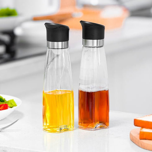 Set, 2-Piece 16oz Premium Glass Olive Oil and Vinegar Dispenser Bottles Kitchen Cooking Cruet with Auto-Open Lid