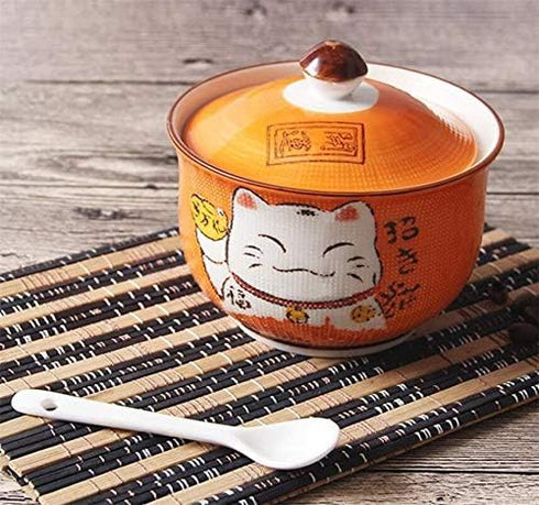 EatingBiting Ceramics Japanese Maneki Neko Lucky Cat Sugar Salt Pepper Storage Jar with Lid and Spoon