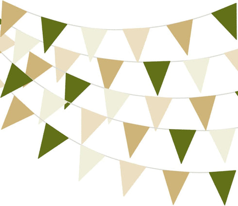 32 Meters 105ft Olive Green Tan Brown Beige Party Bunting Banner, Neutral Fabric Pennant Flags for Boho Rustic Decor