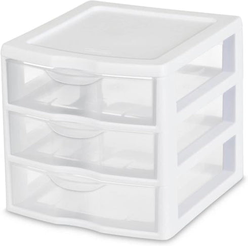Sterilite Clearview Plastic Multipurpose Small 3 Drawer Desktop Storage Unit, White, 6 Pack