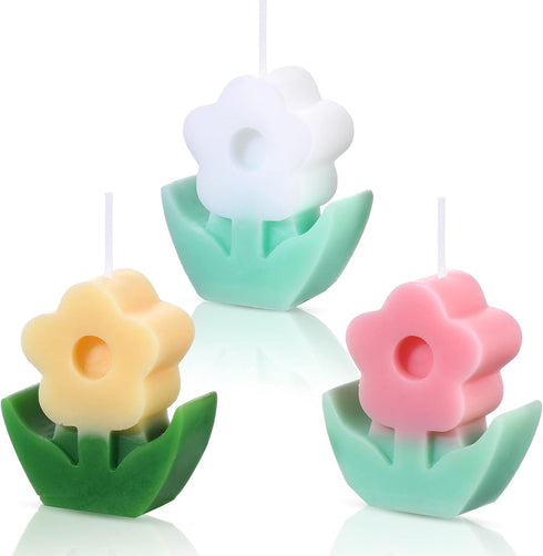 3 Pcs Flower Shaped Scented Candle Set, Pink, White, Yellow, Soy Wax Decor for Table, Cute Gifts for Women