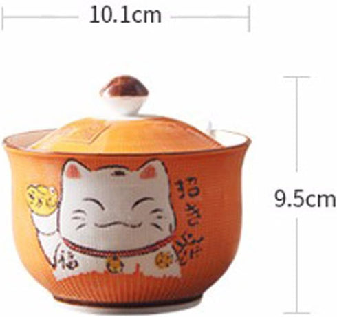 Japanese Maneki Neko Lucky Cat Sugar Salt Pepper Storage Jar - With Lid And Spoon