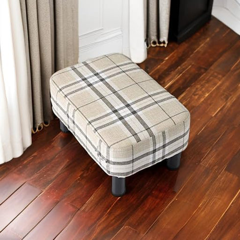 16.54" RF-BD215 IBUYKE Small Footstool, Linen Fabric Pouf, with Padded Seat Pine Wood Legs and Padded Rectangular