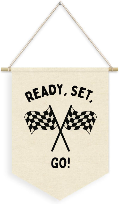 Dilemat Race Car Room Decor for Boys Linen Pennant Banner - Ready Set