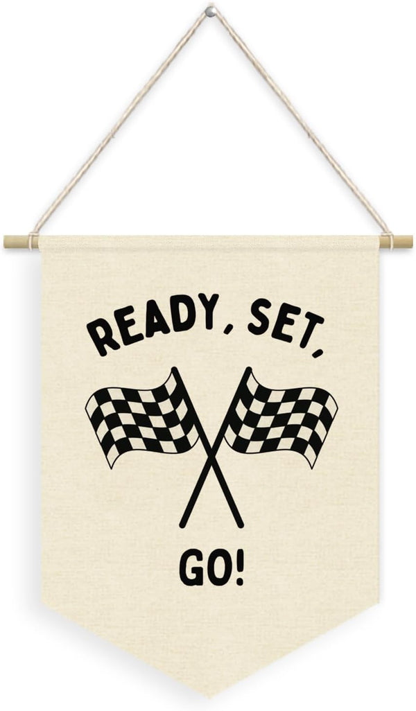 Dilemat Race Car Room Decor for Boys Linen Pennant Banner - Ready Set