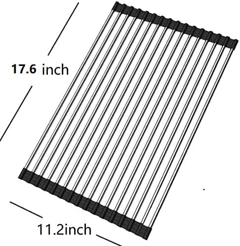 Roll Up Dish Drying Rack Over The Sink, Portable Stainless Steel Folding Mat for Kitchen Counter (Black,
