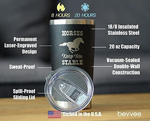 Horses Keep Me Stable Insulated Coffee Tumbler Cup, Stainless Steel Mug with Sliding Lid, Horse Themed Gifts (Black)