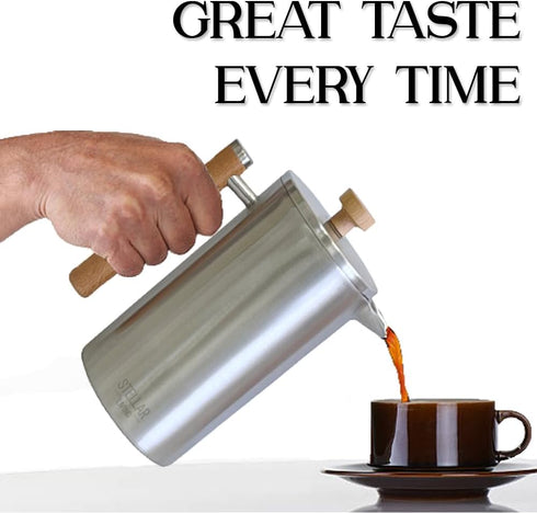 Stellar Living 34 OZ Stainless Steel French Press Coffee Maker, Double Vacuum Insulation, Matte Silver