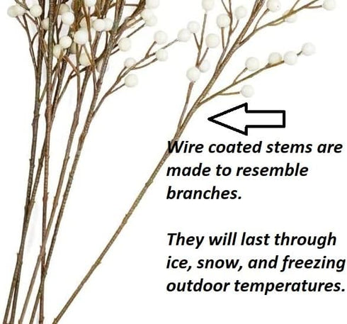 Pack 6 of Artificial Cream Winter White Weatherproof Berry Stem Branches - Waterproof Berries for Indoor and Outdoor