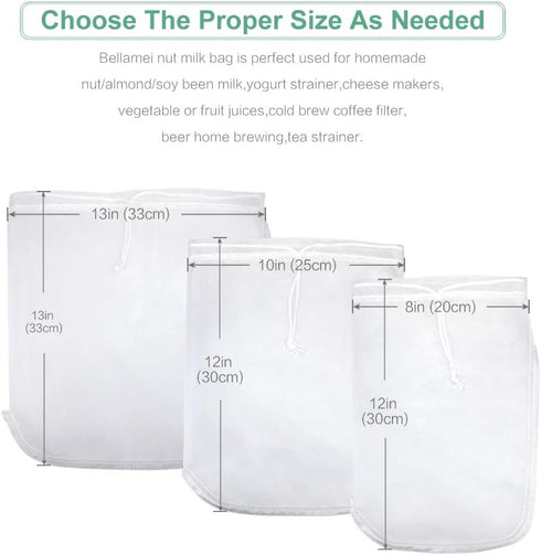 3 Pack Mesh(8"x12"/10"x12"/13"x13") Nut Milk Bag Reusable Food Strainer Nut Bags for Straining Almond/Soy Milk Greek