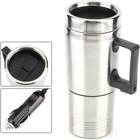 Qiilu Car Electric Kettle, 12V 350ml+150ml Stainless Steel Portable Heating Mug for Travel Water Tea Coffee Milk