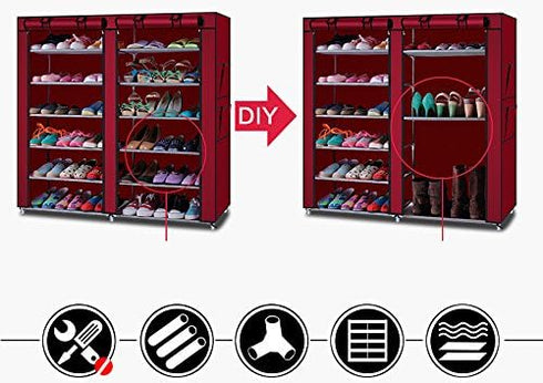 Acedas 36-Pairs Portable Shoe Rack Double Row Shoe Storage Organizer Cabinet Tower with Dustproof Cover (Wine Red)