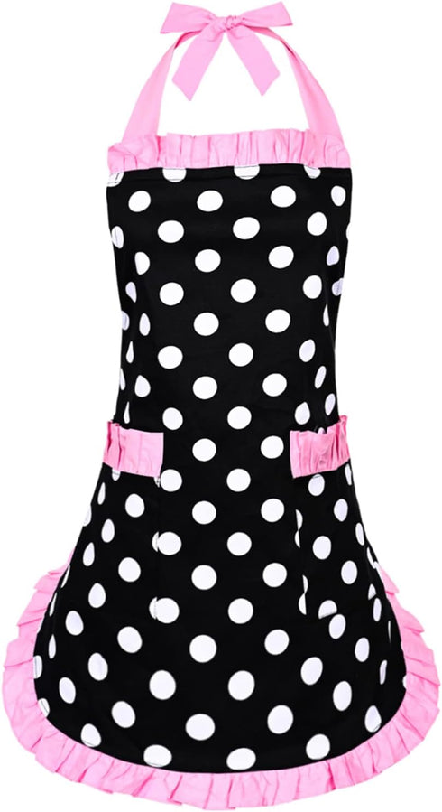 Violet Mist Vintage Apron for Women, Pink Polka Dot Retro Stylish with Pockets, Adjustable Neck Strap