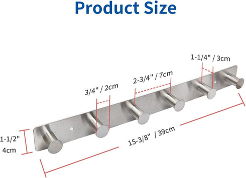 Wall Mounted Coat Rack with Stainless Steel Metal Hooks, Adhesive & Screw-in, 6 Round Hangers for Hanging Towels Clothes