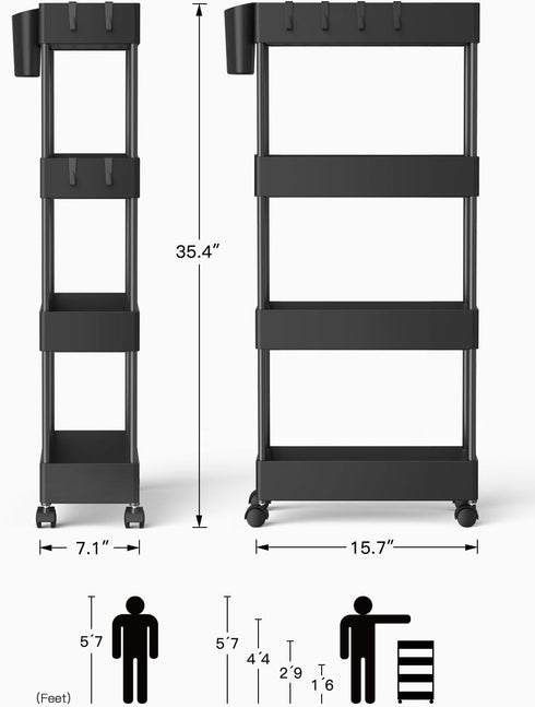Pipishell Slim Storage Cart with Wheels, Bathroom Organizer for Small Spaces, Rolling Cart for Bathroom, Black