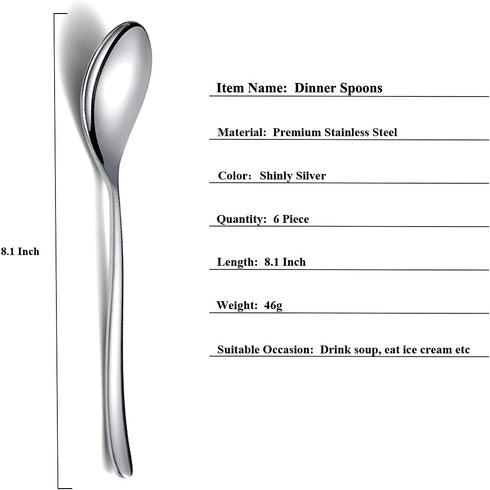 Dinner Spoons 6 Piece, 8.1'' Stainless Steel Tablespoons, Soup Spoons, Dessert Spoons, Spoons Silverware for Home, Kitchen or Restauran,Dishwasher Safe (Silver)
