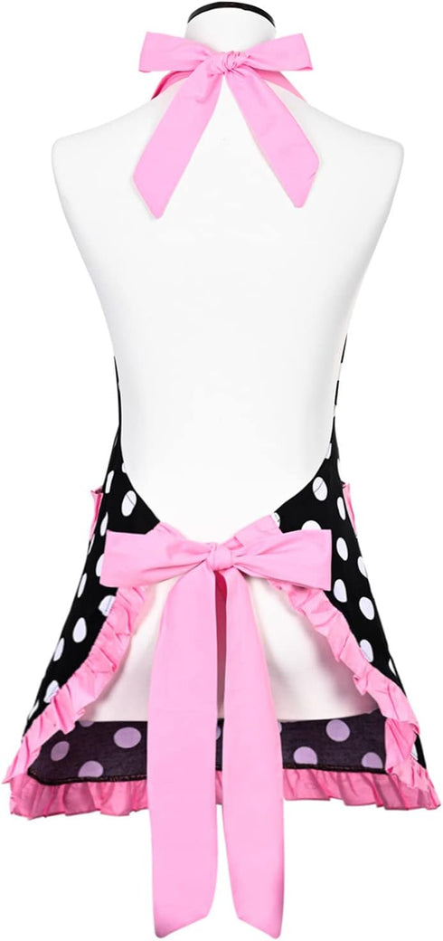 Violet Mist Vintage Apron for Women, Pink Polka Dot Retro Stylish with Pockets, Adjustable Neck Strap