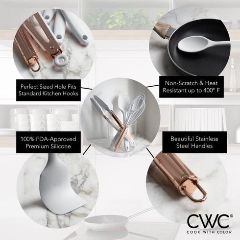 COOK WITH COLOR Silicone Cooking Utensils, 5 Pc Kitchen Utensil Set, Easy to Clean Silicone Kitchen Gadgets - White and
