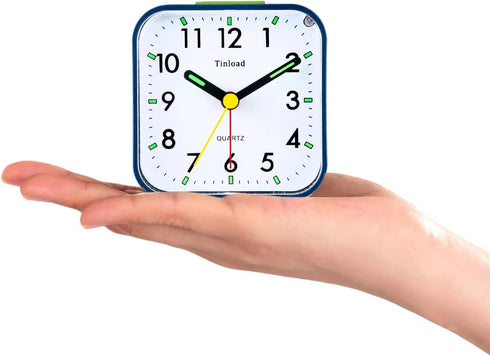 Small Battery Operated Analog Alarm Clock, Silent Non Ticking, Ascending Beep Sounds, Snooze, Light Functions (Blue)
