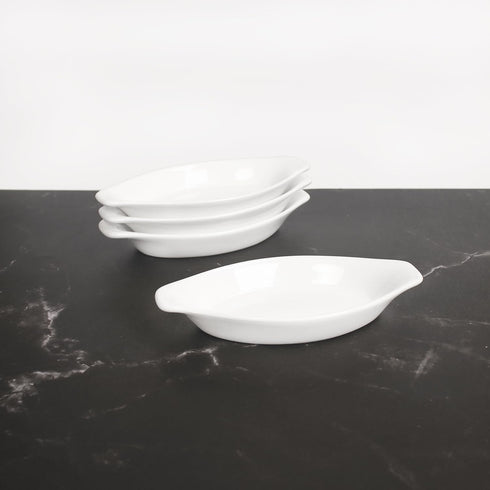 Set of 4 Ceramic Oval Au Gratin Baking Dishes, 7 oz, Oven & Microwave Safe, Double Handle for Kitchen Use