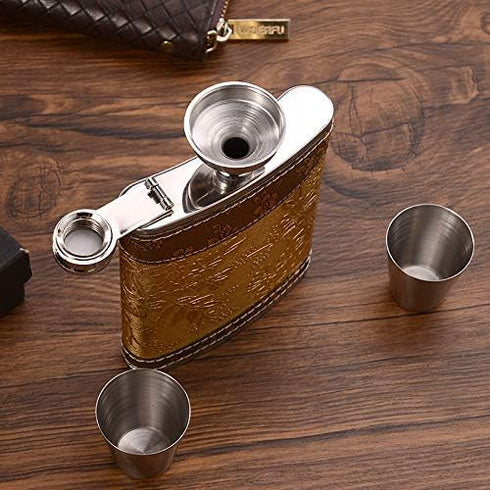 Golden Pattern 8 Oz Gift, 100% Stainless Steel Flask (304/18-8 SS), Bonus 2 Shot Glass + 1 Funnel + 1 Giftbox