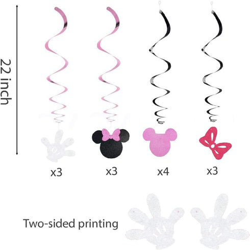 30Ct Minnie Hanging Swirl Decorations - Ceiling Streamers for Mouse Birthday Party, Glitter Pink, Black Decor