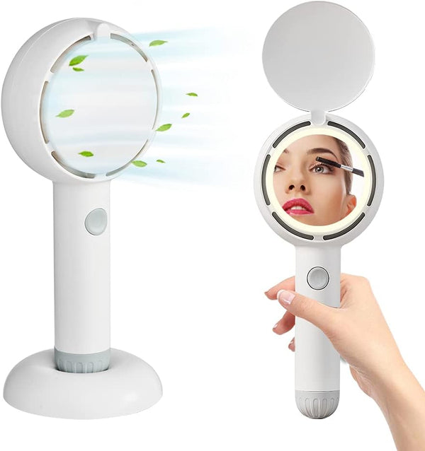 Star Compass Mini Handheld Fan, Battery Operated Rechargeable Portable Fan with LED Light Makeup Mirror, Bladeless