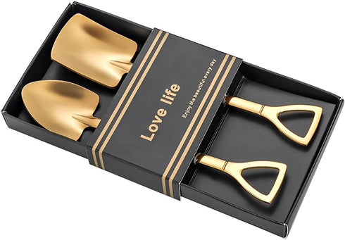 Golden Shovel Spoons Set of 2, Flat Dessert Coffee Tea Spoons for Ice Cream Lovers Housewarming Gifts