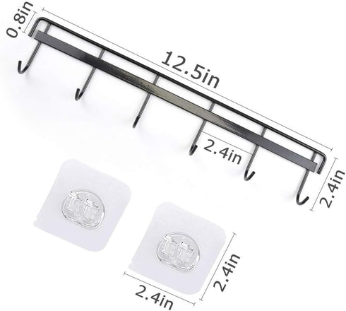 YiZhi Adhesive Wall Hooks Rack, Space Saving Kitchen Rail with 6 Hooks, No Drilling Wall Mounted Accessory Hanger, Pack