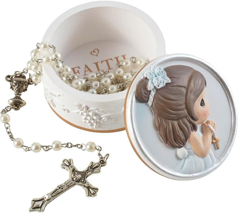 Precious Moments Rosary Box for Girls - First Communion Gift with Pearl-Look Rosary, Faith is The Light That Guides You
