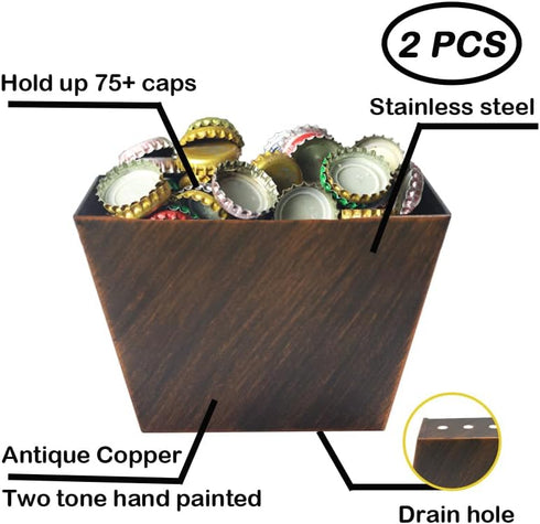 Wall Mounted Bottle Cap Catcher Antique Copper Beer Top Bucket with Drained Holes (Pack of 2)