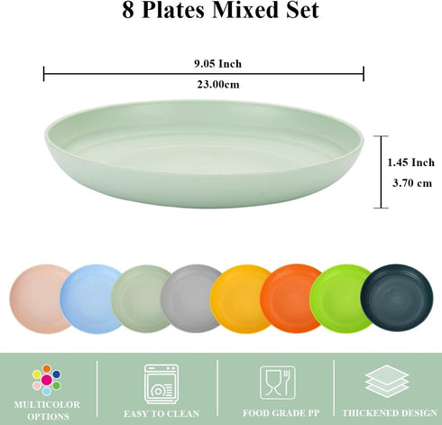 Berglander 9 Inch Plastic Deep Dinner Plates Set of 8 Colors, Reusable and Sturdy Unbreakable Dishes Set for Pasta Bowls,Ramen,Drop Resistant, BPA Free Dinnerware Microwave Safe Dishwasher Safe by Berglander