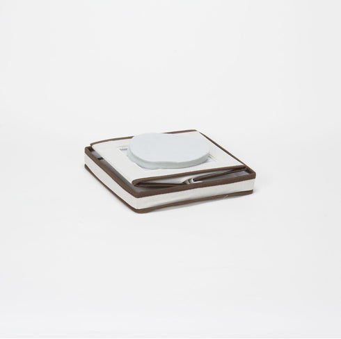 Household Essentials 534 Dinnerware Storage Box, Lid and Handles, Chest for Salad Plates, Natural Canvas with Brown Trim